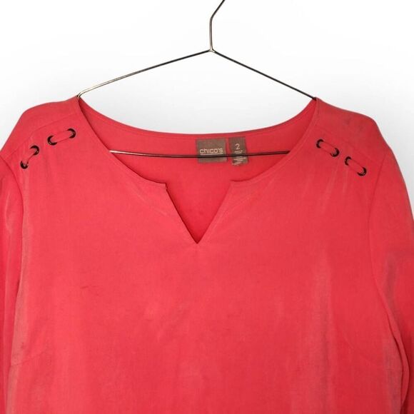 Chicos Peach Silk Blouse Sz 2 US 12 | Roll Tab Sleeve Coastal Classic Beachy Top - Picture 8 of 8